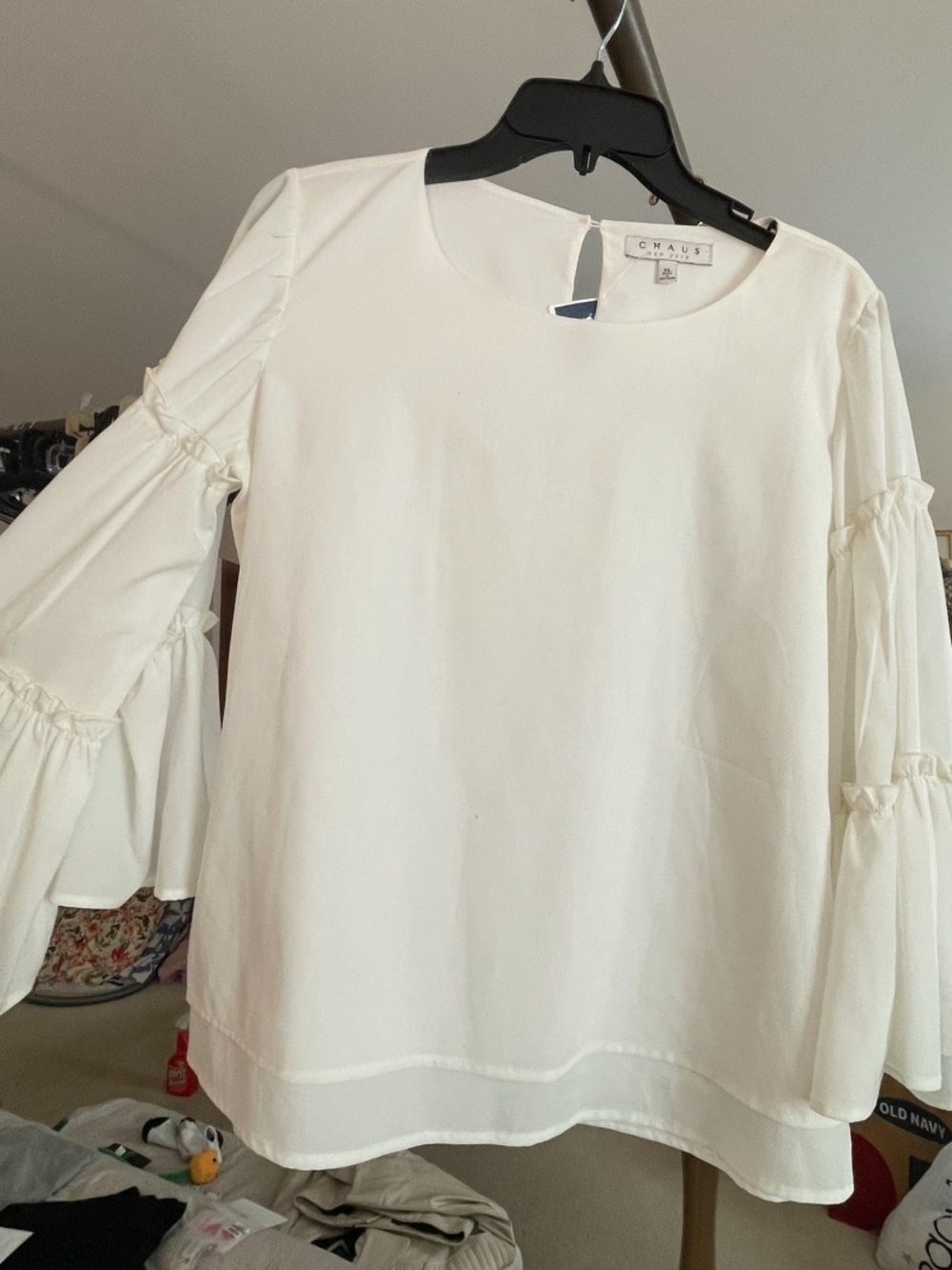 CHAUS BELL SLEEVE CHIFFON TOP. WHITE NWT   L XL